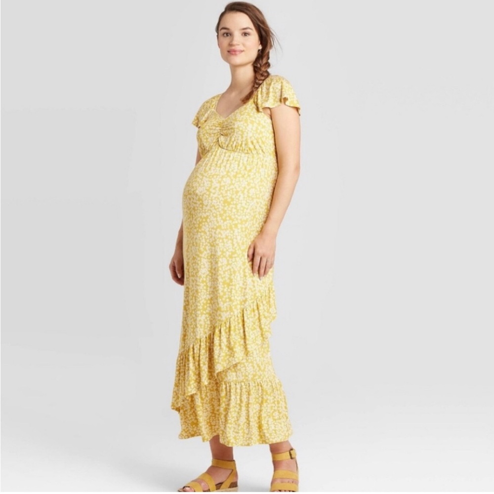 Isabel Maternity Floral Ruffle Jersey Maxi Dress, Yellow White Size Small